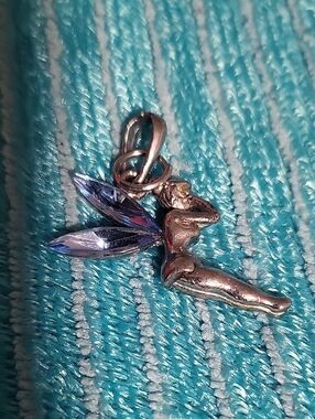Silver TINKERBELL Fairy Pendant Necklace Charm with Light Blue Crystal Wings -